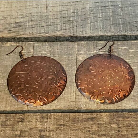 COPPER Floral Embossed French Hook Earrings - Picture 1 of 5